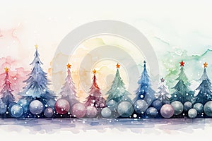 watercolor Christmas Tree With Baubles And Blurred Shiny Lights banner with text space