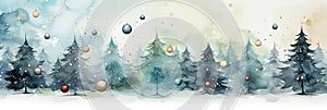 watercolor Christmas Tree With Baubles And Blurred Shiny Lights banner with text space