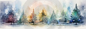 watercolor Christmas Tree With Baubles And Blurred Shiny Lights banner with text space