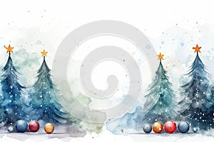 watercolor Christmas Tree With Baubles And Blurred Shiny Lights banner with text space