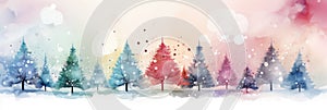 watercolor Christmas Tree With Baubles And Blurred Shiny Lights banner with text space