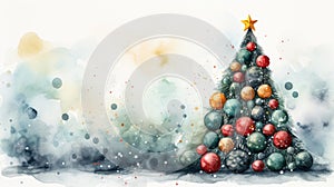 watercolor Christmas Tree With Baubles And Blurred Shiny Lights banner with text space