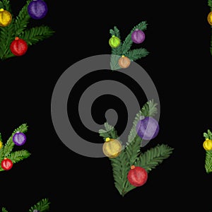 Watercolor Christmas tree branches with colorful balls on black background. Seamless pattern. Holidays, winter, kids print, packag