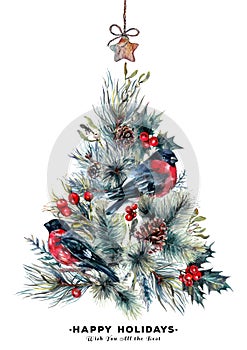 Watercolor Christmas Tree and Bullfinches Greeting Card