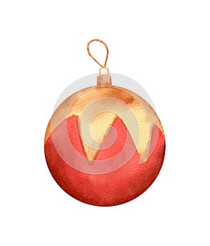 Watercolor christmas tree decoration, new yer toy in red and gold colors for christmas cards design, souvenirs