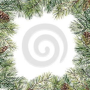 Watercolor Christmas tree floral frame with pine cones. Hand painted fir branch, pine cone isolated on white background