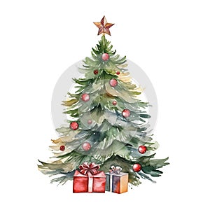 Watercolor Christmas tree with gifts isolated on white background