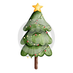 Watercolor christmas tree illustration with festive lights and star. Watercolor christmas ornament clipart