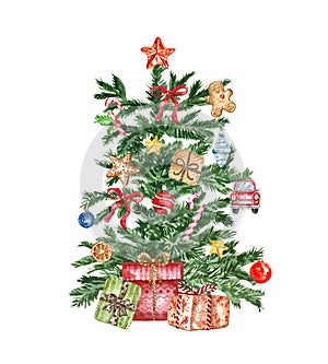 Watercolor Christmas tree illustration. Holiday fir tree with ornaments and decorations, isolated on white background