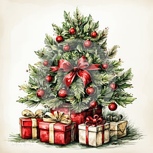 Watercolor Christmas tree with red balls and gifts in retro style. Vintage spruce. Generative AI