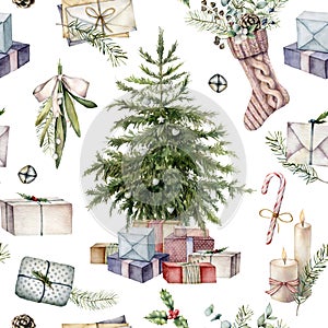 Watercolor Christmas tree seamless pattern. Hand painted holiday symbols, gift boxes, envelopes, candles and sock