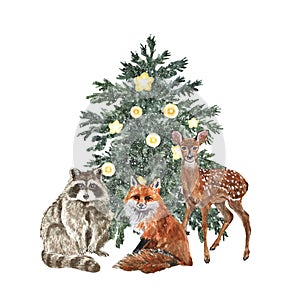 Watercolor Christmas tree and woodland animals illustration. hand painted fox, raccoon and baby deer, isolated. Festive winter