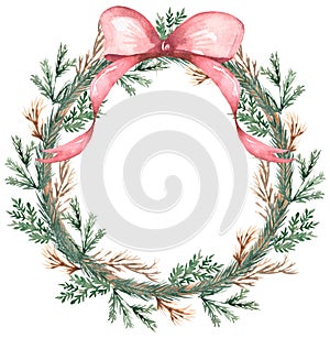 Watercolor Christmas tree wreath with bow, branch decoration clipart set, Winter frame illustration, cute holidays decor clip art
