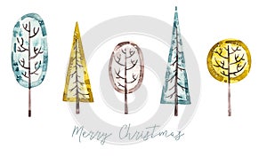 Watercolor christmas trees in naive childish style