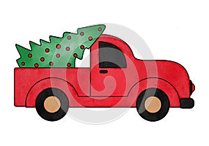 Watercolor christmas truck and pine tree on white background