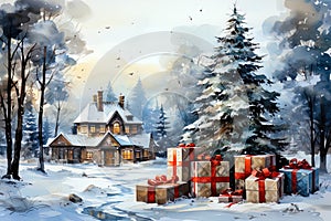 Watercolor Christmas Winter Forest landscape. Ai art