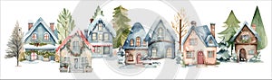 Watercolor Christmas winter houses, Holiday illustration with village and pine trees