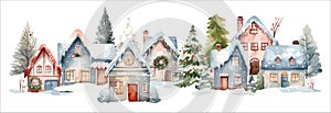 Watercolor Christmas winter houses, Holiday illustration with village and pine trees