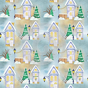 Watercolor Christmas winter houses Seamless pattern. House with wooden door, luminous windows, snow on the roof. Bright