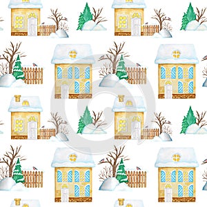 Watercolor Christmas winter houses Seamless pattern. Kids cartoon House with wooden door, luminous windows, snow on the