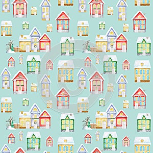 Watercolor Christmas winter houses Seamless pattern. Kids cartoon House with wooden door, luminous windows, snow on the