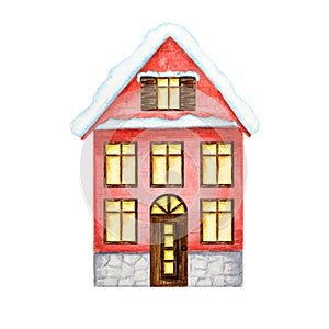 Watercolor Christmas winter red house with luminous windows, and with snow on the roof on a white background. With dark