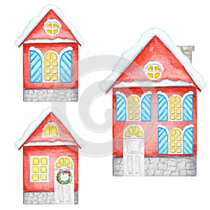 Watercolor Christmas winter red house Set with dark brown wooden door, luminous windows, with snow on the roof. Two