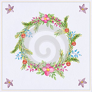 Watercolor Christmas wreath with green branches and berries