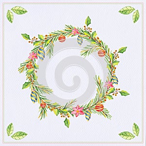 Watercolor Christmas wreath with green branches baubles and berries