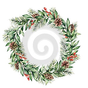 Watercolor Christmas wreath with berries, pine cones and tree branches. Hand painted fir border with eucalyptus leaves