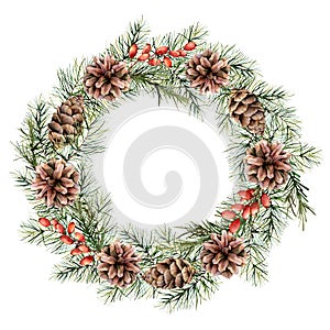 Watercolor Christmas wreath with berries, pine cones and tree branches. Hand painted fir border isolated on white