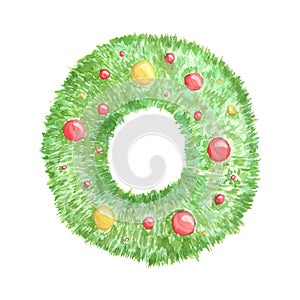 Watercolor Christmas wreath with Christmas tree and colorful balls isolated on white background.