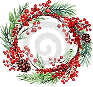 Watercolor Christmas Wreath Clipart Holly Berries Pinecones Boho Greenery Border Winter Merry Christmas