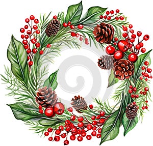 Watercolor Christmas Wreath Clipart Holly Berries Pinecones Boho Greenery Border Winter Merry Christmas