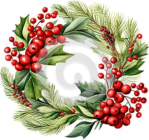 Watercolor Christmas Wreath Clipart Holly Berries Pinecones Boho Greenery Border Winter Merry Christmas