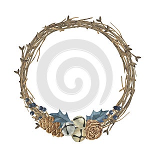 Watercolor christmas wreath with decor. New year tree and wood branch wreath with lunaria, pine cone for design, print