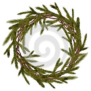 Watercolor Christmas wreath with evergreen fir branches isolated on white background. Winter greenery border frame