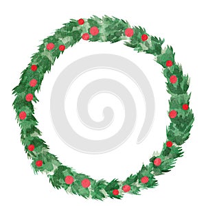 Watercolor, Christmas wreath. Evergreen wreath with red berries on a white background, isolated element