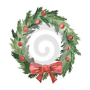 Watercolor Christmas wreath of fir branches and Christmas decorations