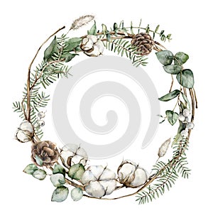 Watercolor Christmas wreath with fir branches, cotton and lagurus. Hand painted holiday frame with plants isolated on