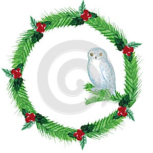 Watercolor Christmas wreath with fir branches and owl