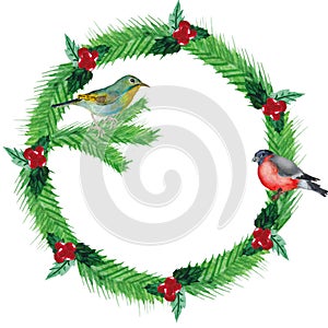 Watercolor Christmas wreath of fir branches, red berries, with birds.