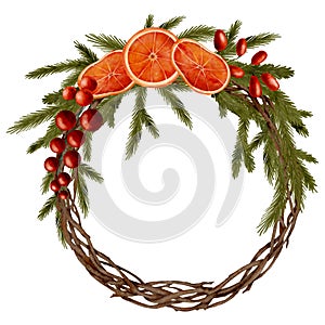 Watercolor Christmas wreath with fir branches, red berries, dried orange slices isolated on white background. Round wooden wicker