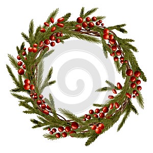 Watercolor Christmas wreath with fir branches, red berries isolated on white background. Round winter greenery frame with spruce