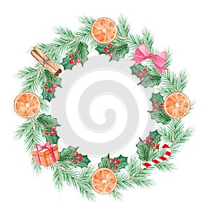 Watercolor christmas wreath with fir and holly isolated on white background