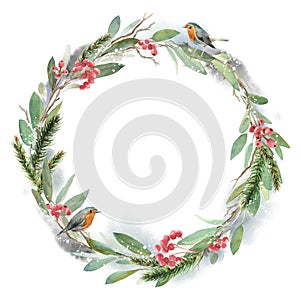 Watercolor Christmas wreath with fir, leaves and dry branches with the bird robin. Hand painted holiday frame with