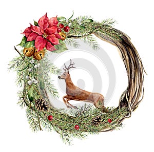 Watercolor christmas wreath with floral decor and deer. New year