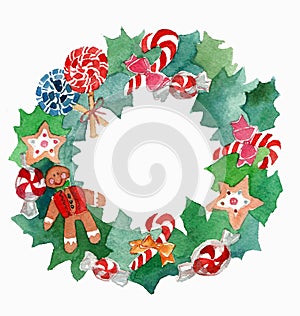 Watercolor Christmas wreath frame isolated on the white background