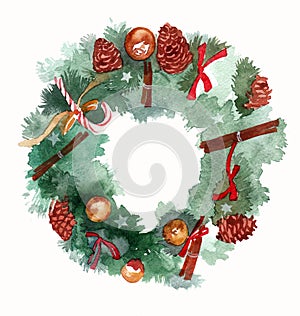 Watercolor Christmas wreath frame isolated on the white background