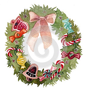Watercolor Christmas wreath frame isolated on the white background